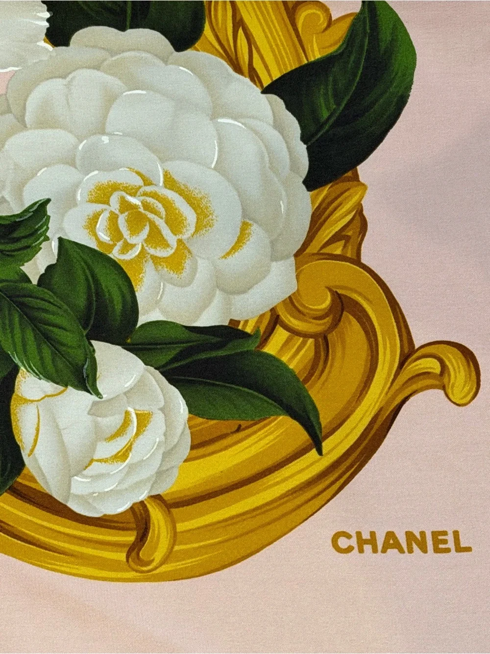 CHANEL Vintage Pink Silk Scarf with White Camellias and Gold Scroll Border
